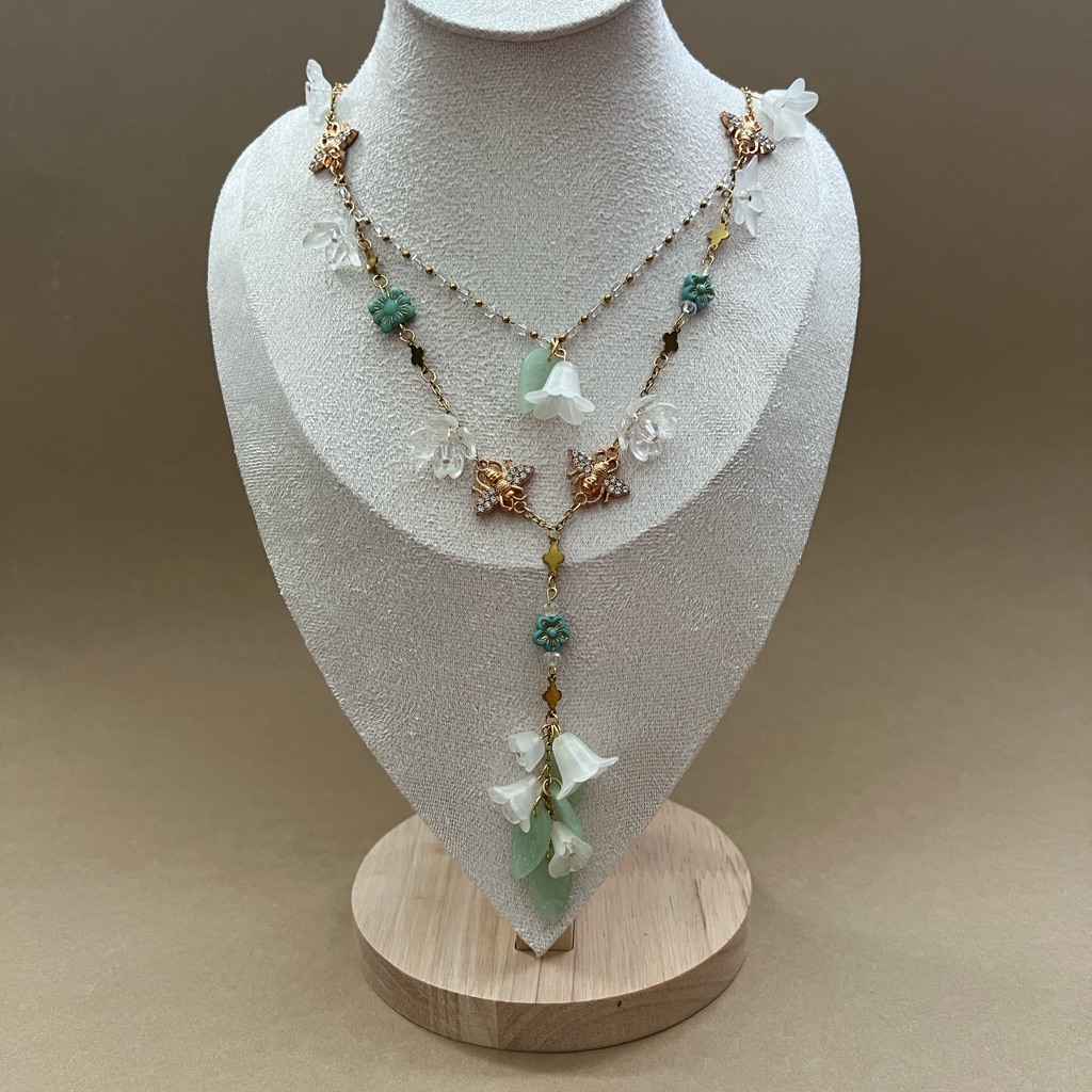 Fairycore Flower Necklace Handmade Cottagecore Charm Pastel Green Gold 42$